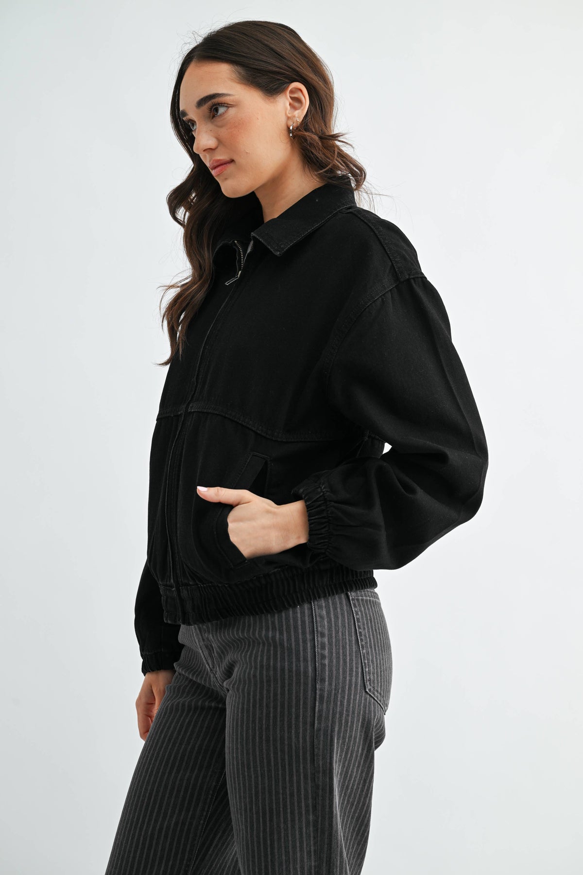 Black Denim Zip-Up Jacket