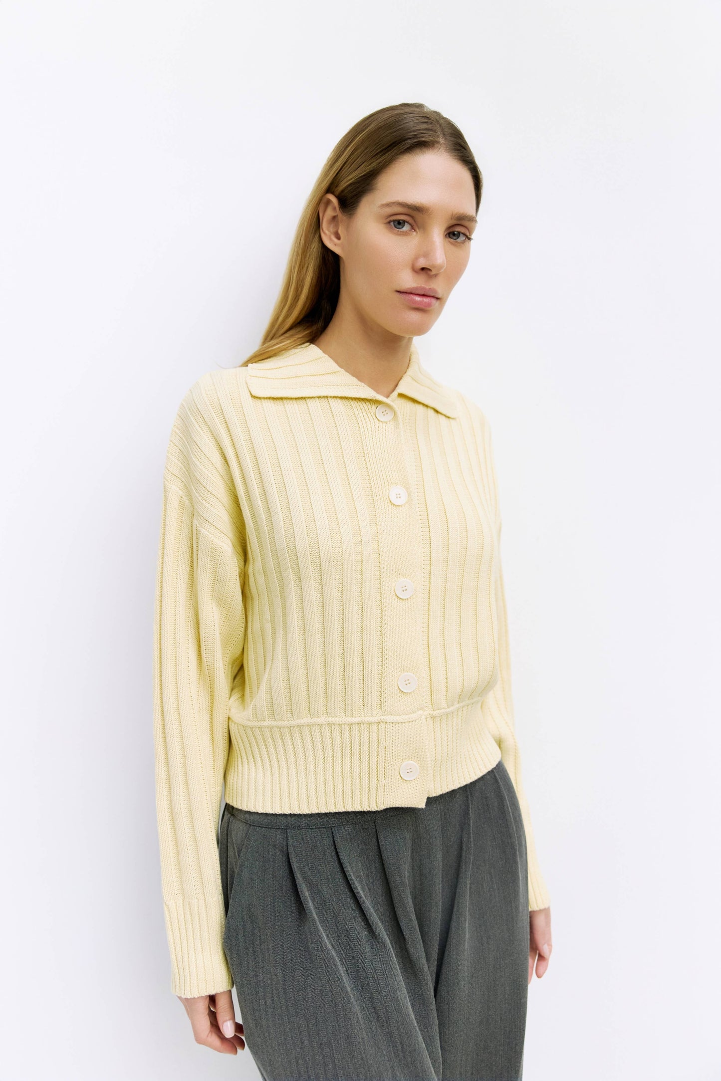 Yellow Ribbed Collared Cardigan