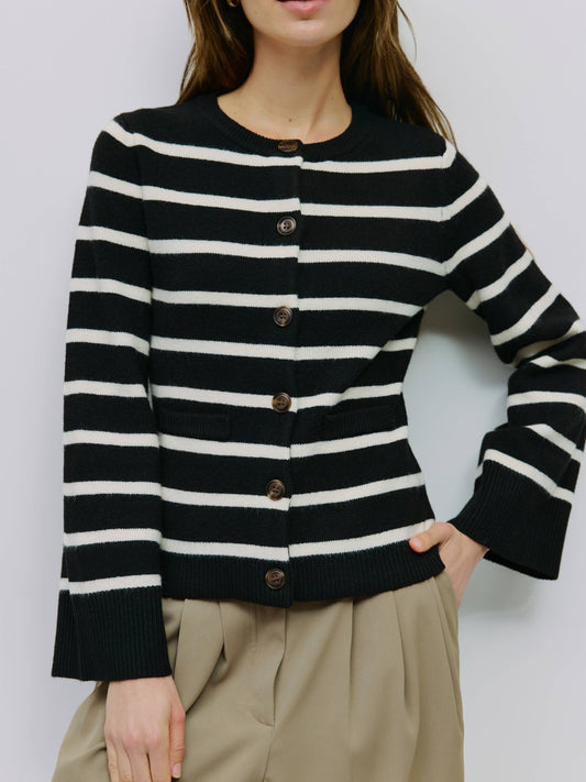Black Striped Bell Sleeve Buttoned Cardigan