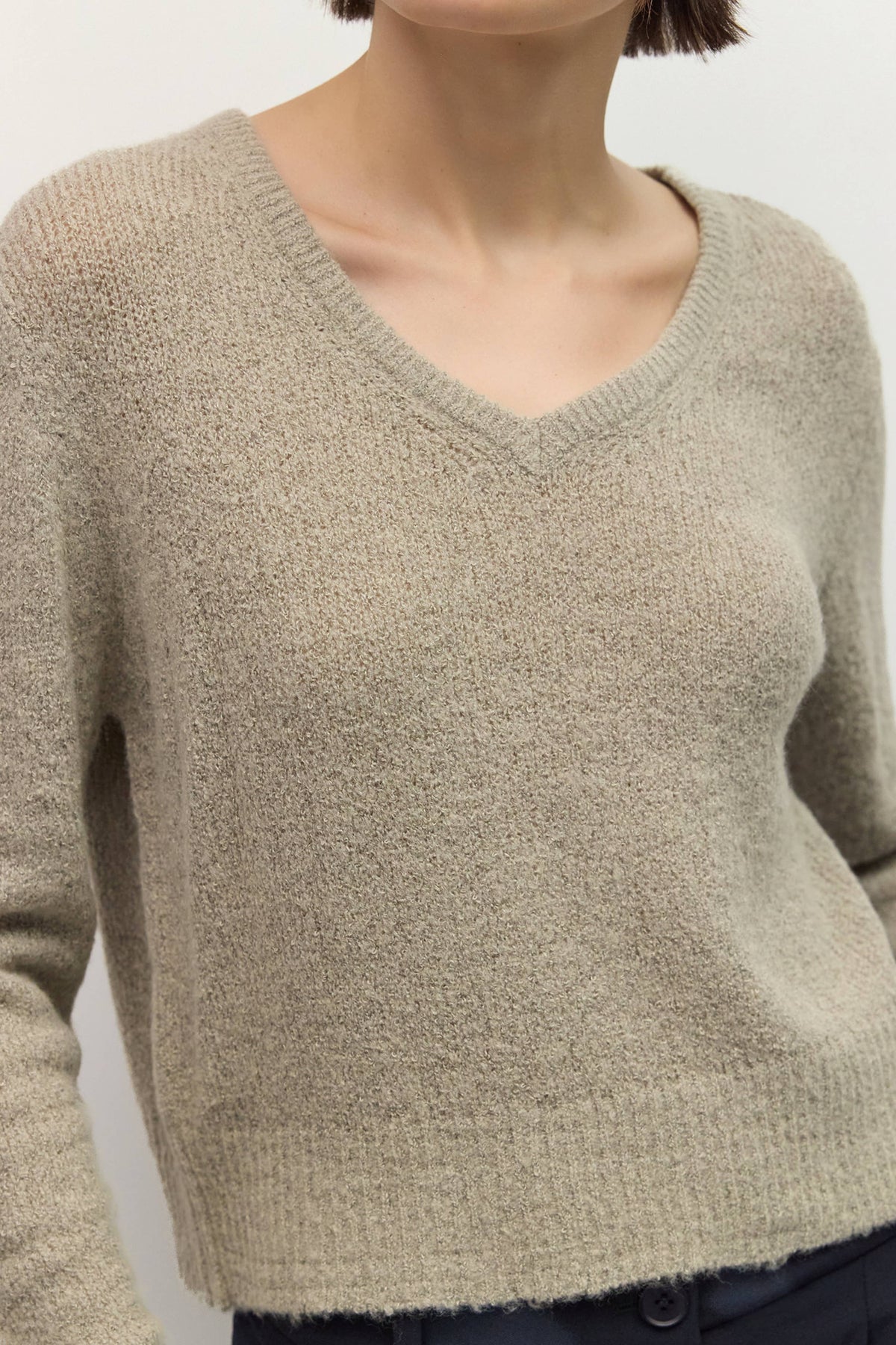 Taupe Soft Textured V-Neck Sweater