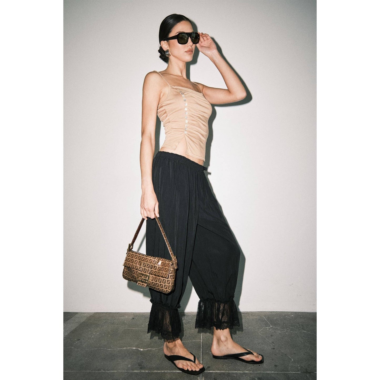 Tan Ruched Jersey Button Detail Cami Top