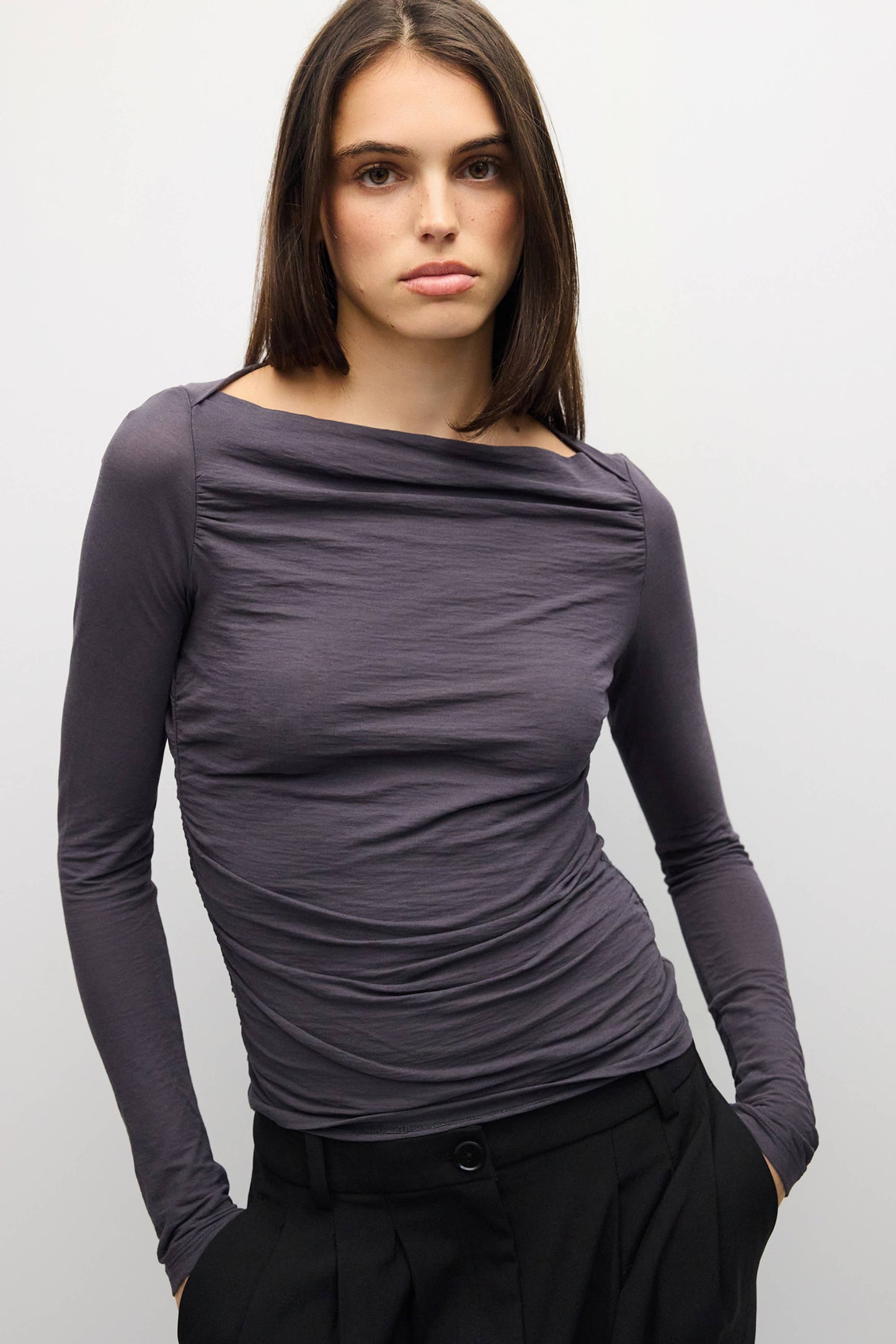 Charcoal Wide Neck Pleated Knit Long Sleeve
