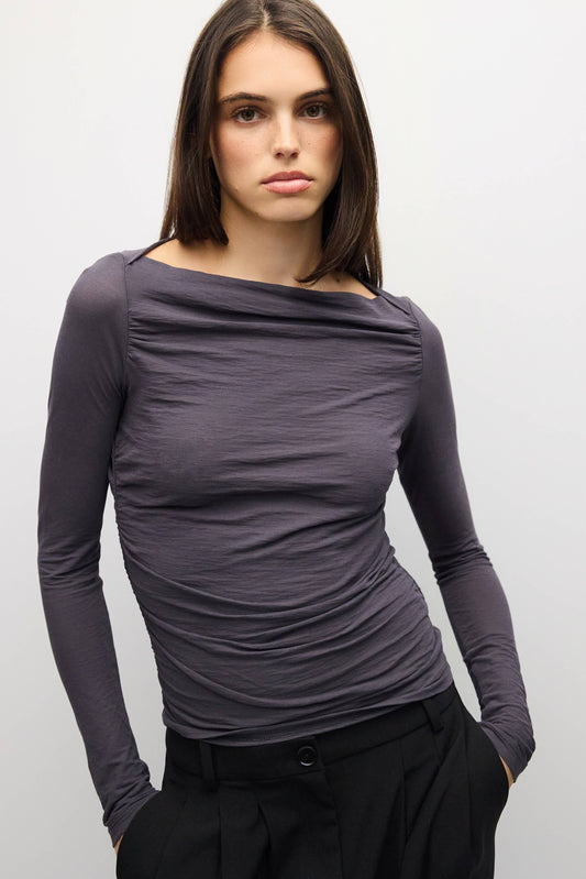 Charcoal Wide Neck Pleated Knit Long Sleeve