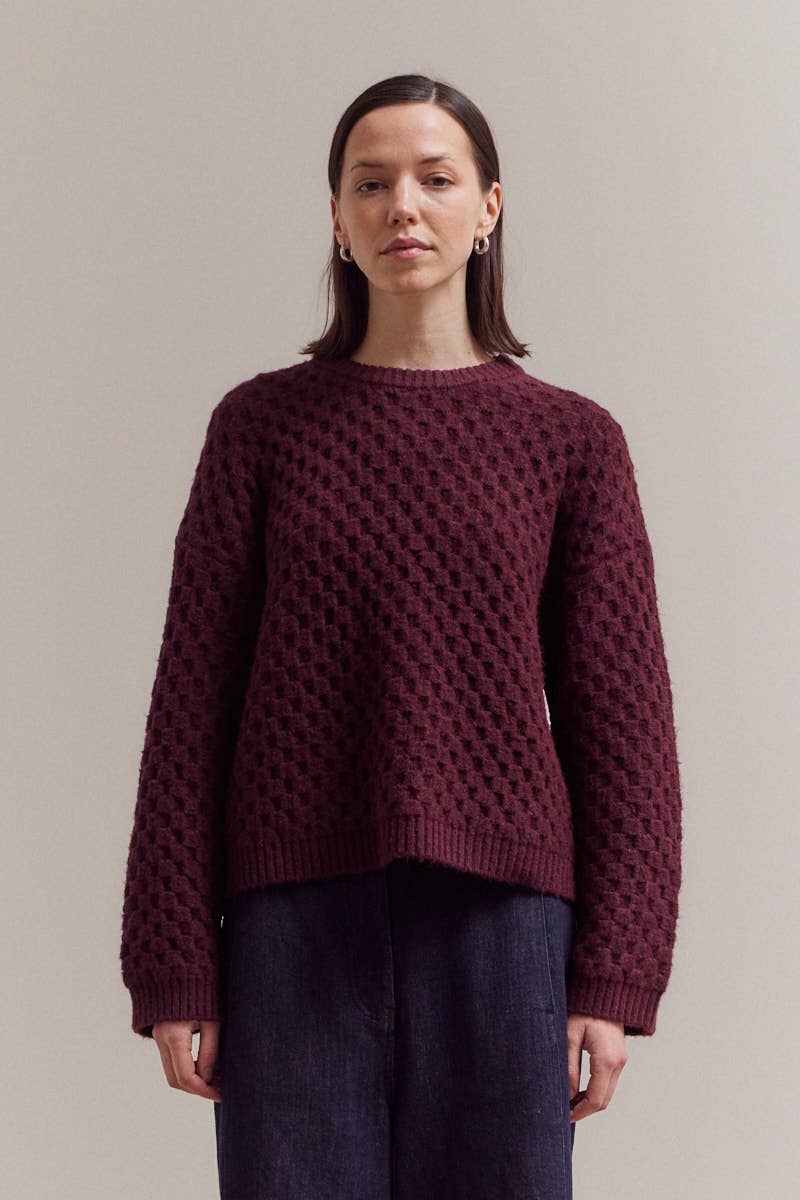 Plum Check Textured Knit Crewneck Sweater