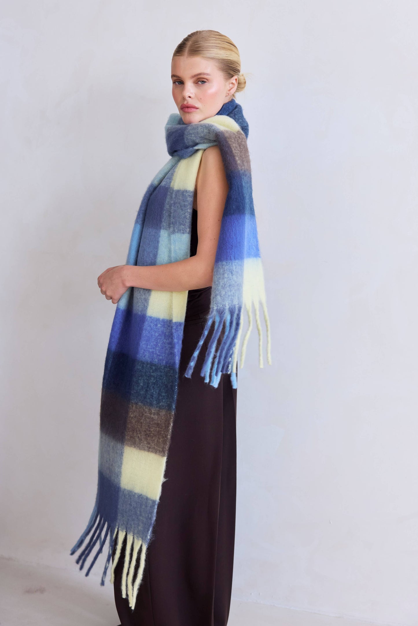 Blue Yellow Brushed Plaid Oversized Scarf
