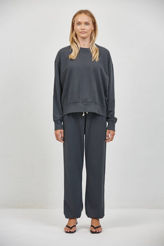 Washed Black Crew Neck Long Sleeve Top
