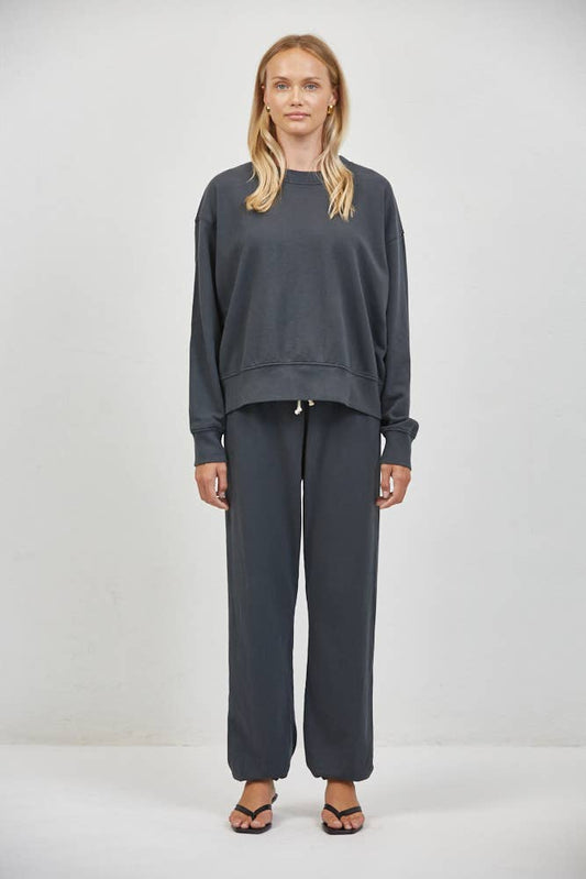 Washed Black Crew Neck Long Sleeve Top