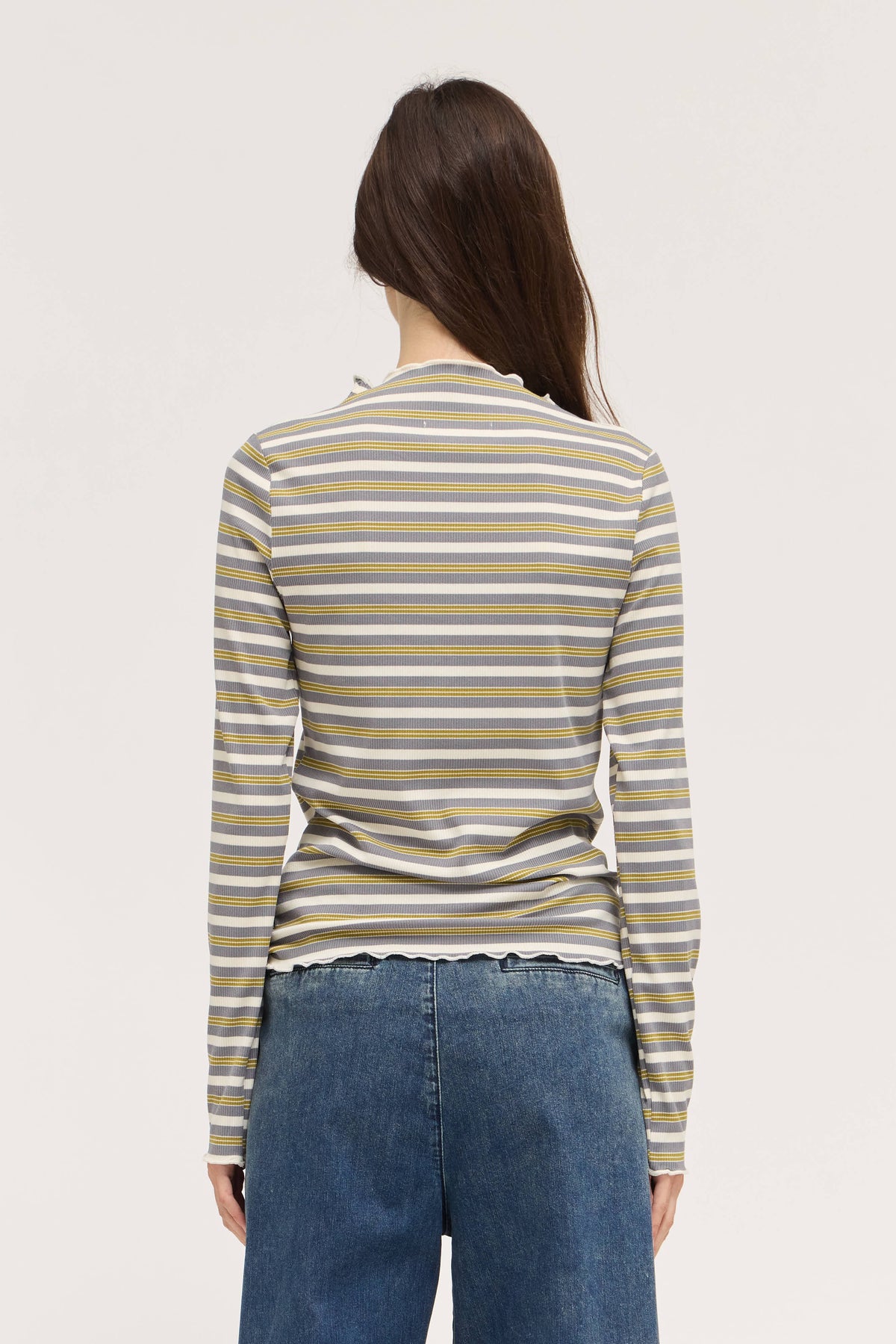Gray Multi Stripe Mock Neck Top