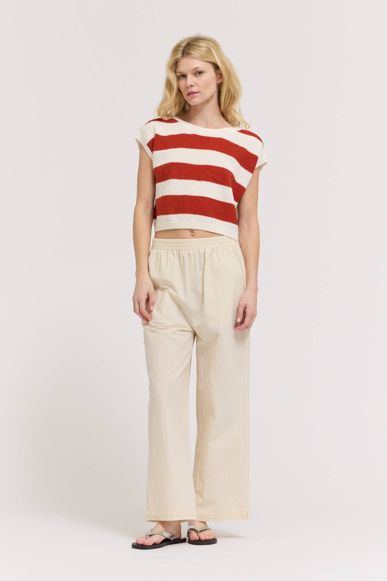 Red Stripe Drop Shoulder Cotton Knit Top
