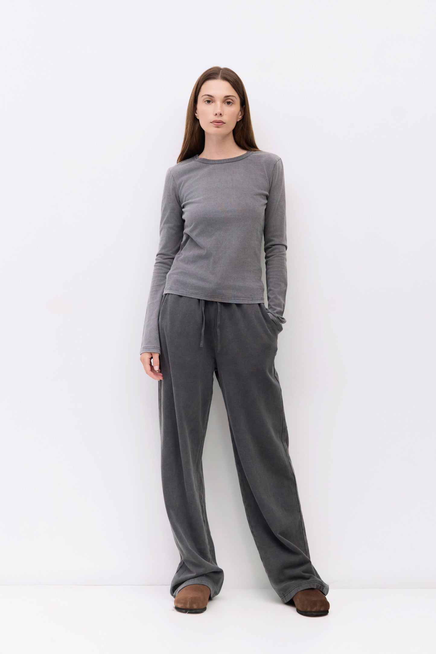 Charcoal Gray Wide Leg Tie Front Fleece Pants