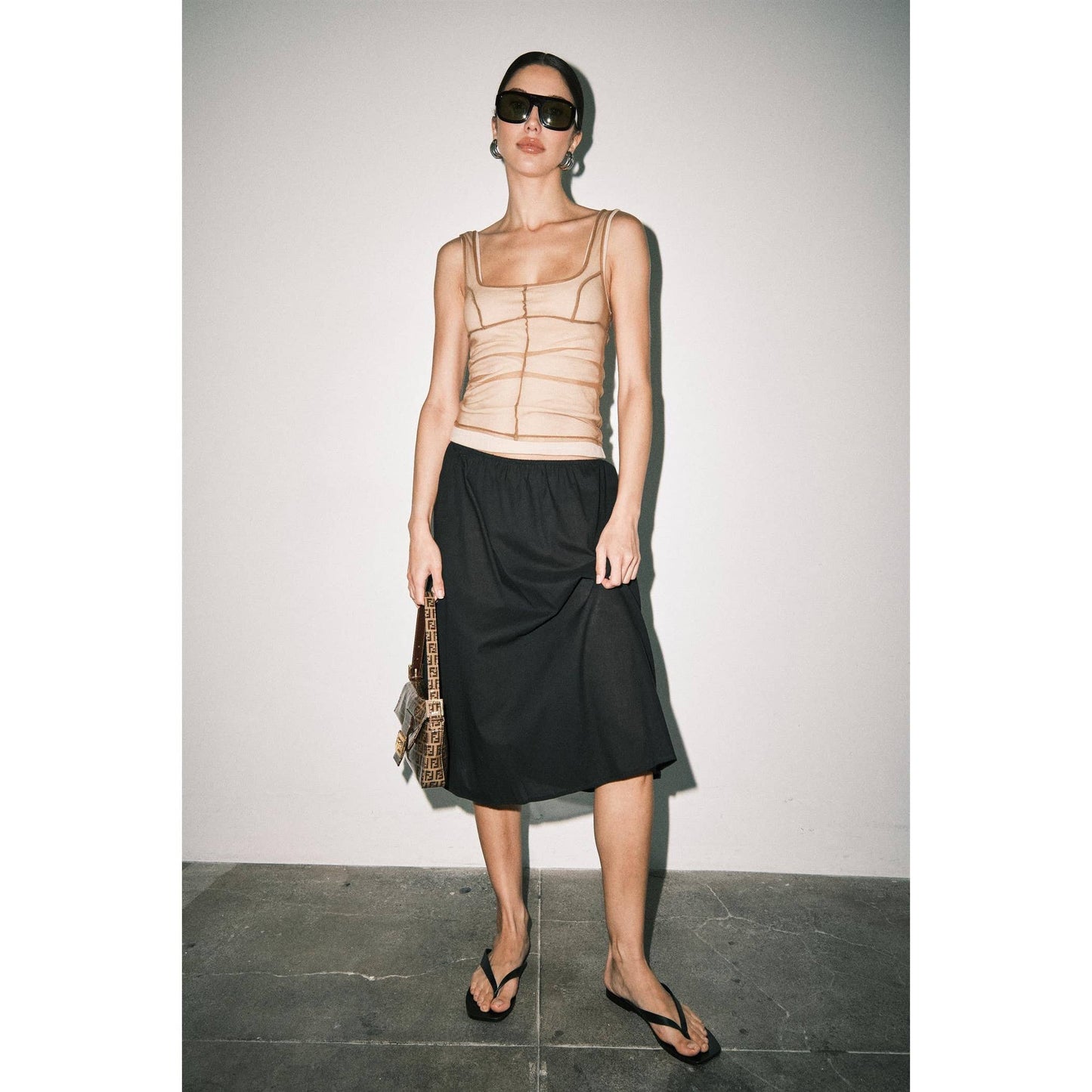 Sheer Mesh Layered Jersey Knit Tank Top