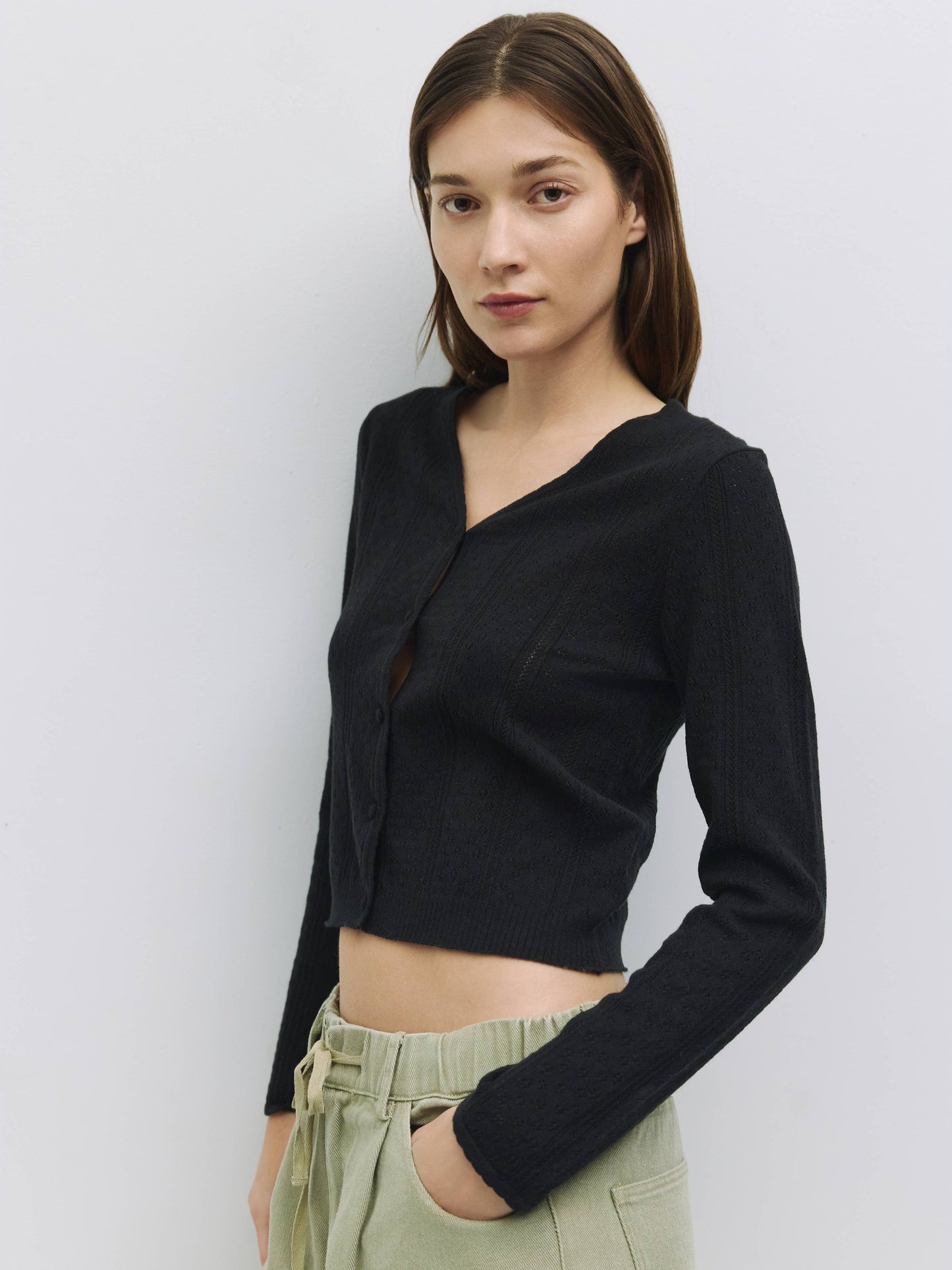 Black Knit Pointelle Cardigan Top