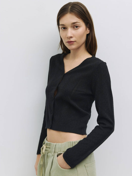 Black Knit Pointelle Cardigan Top