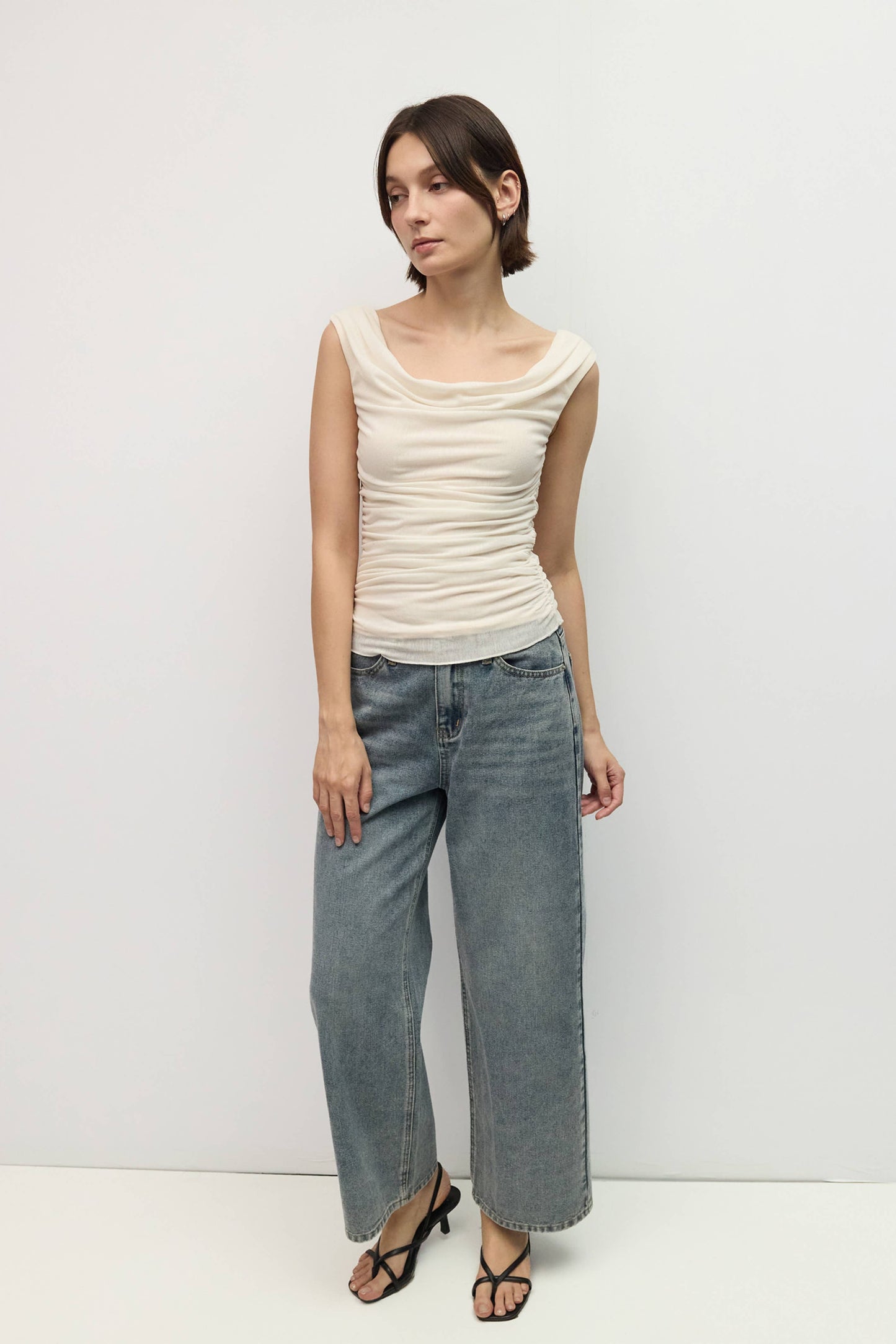 White Mesh Wide Cowl Neck Top