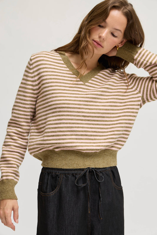 Sage Pink Striped V-Neck Pullover
