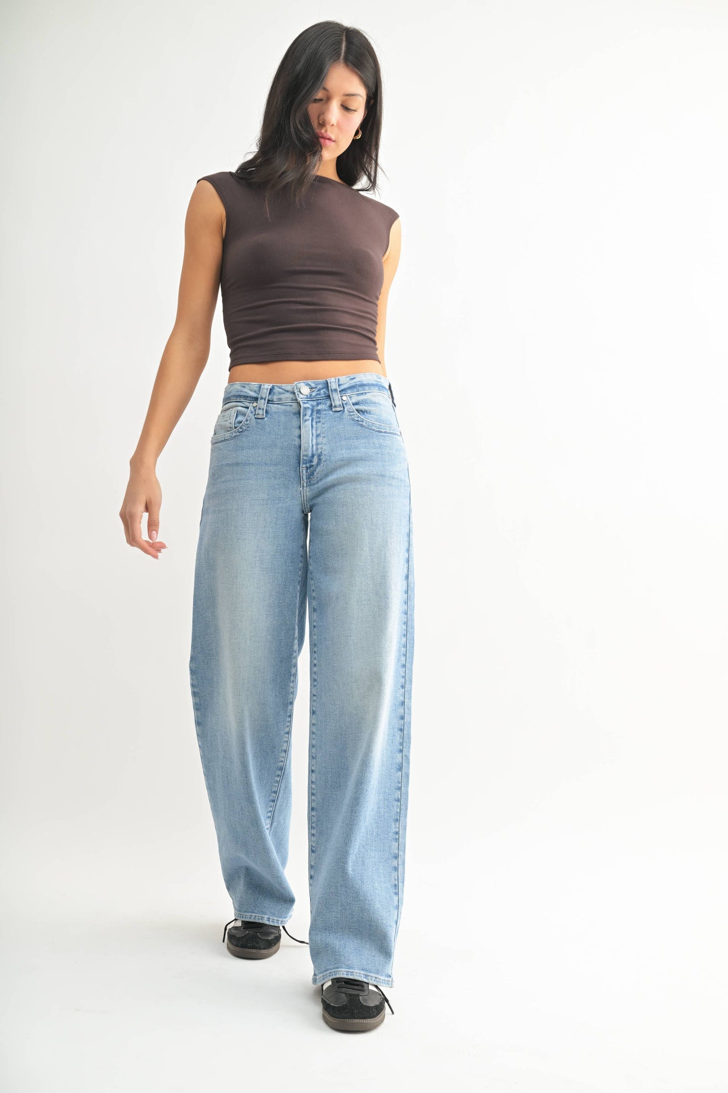 Light Wash Low Slung Straight Stretch Jean