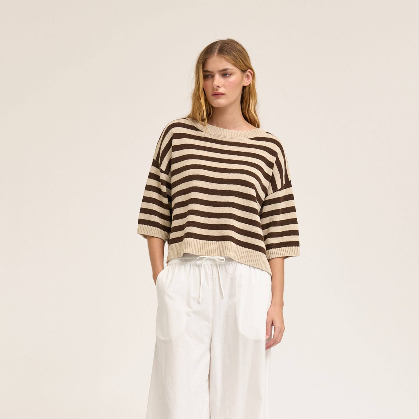 Linen Drop Shoulder Stripe Short Sleeve Knit Top