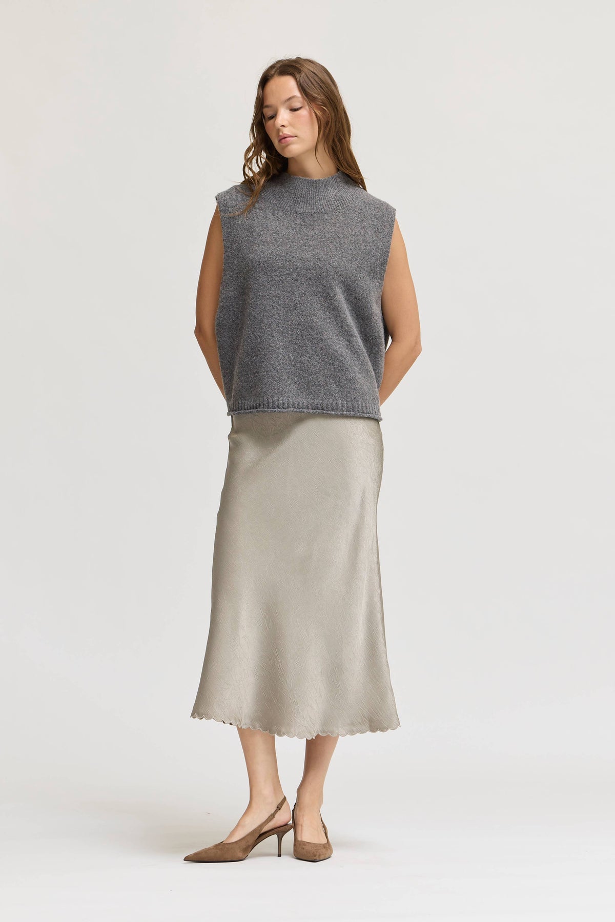 Light Taupe Scallop Hem Satin Midi Skirt