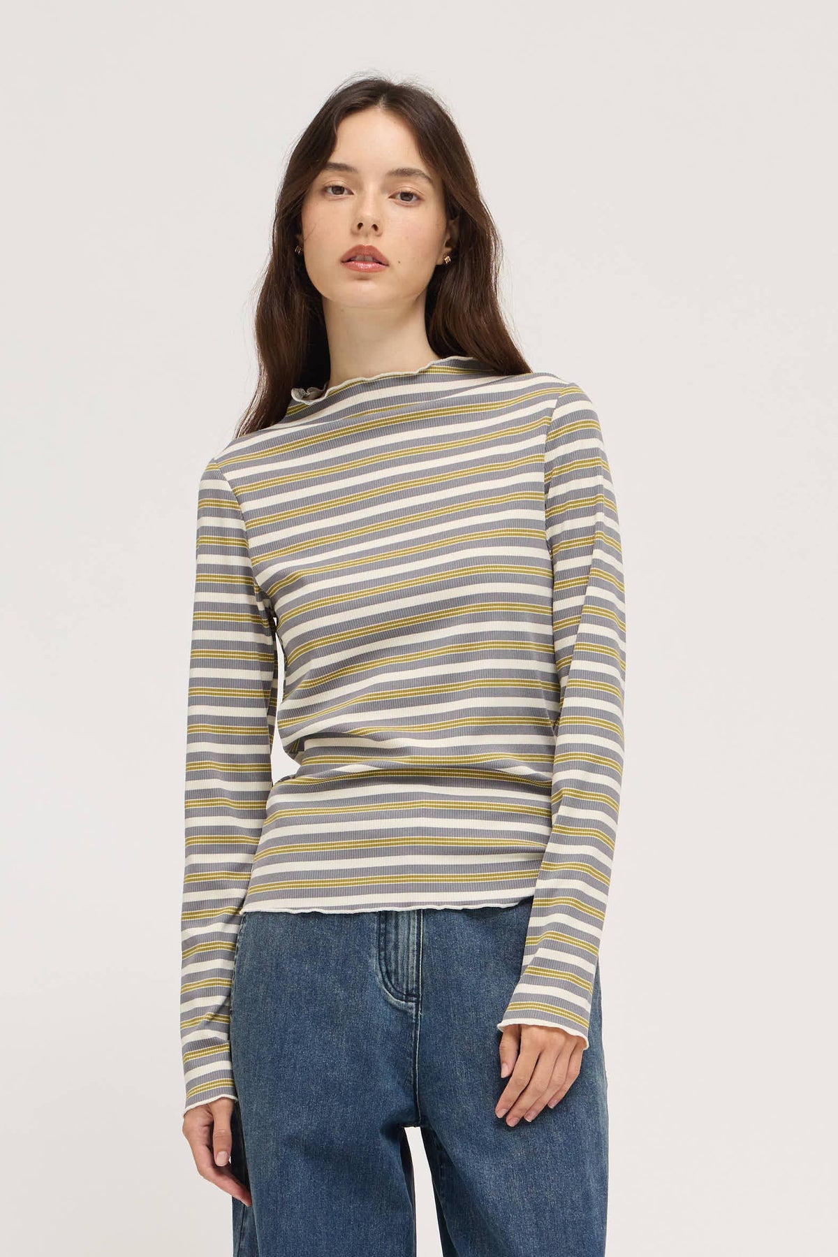 Gray Multi Stripe Mock Neck Top