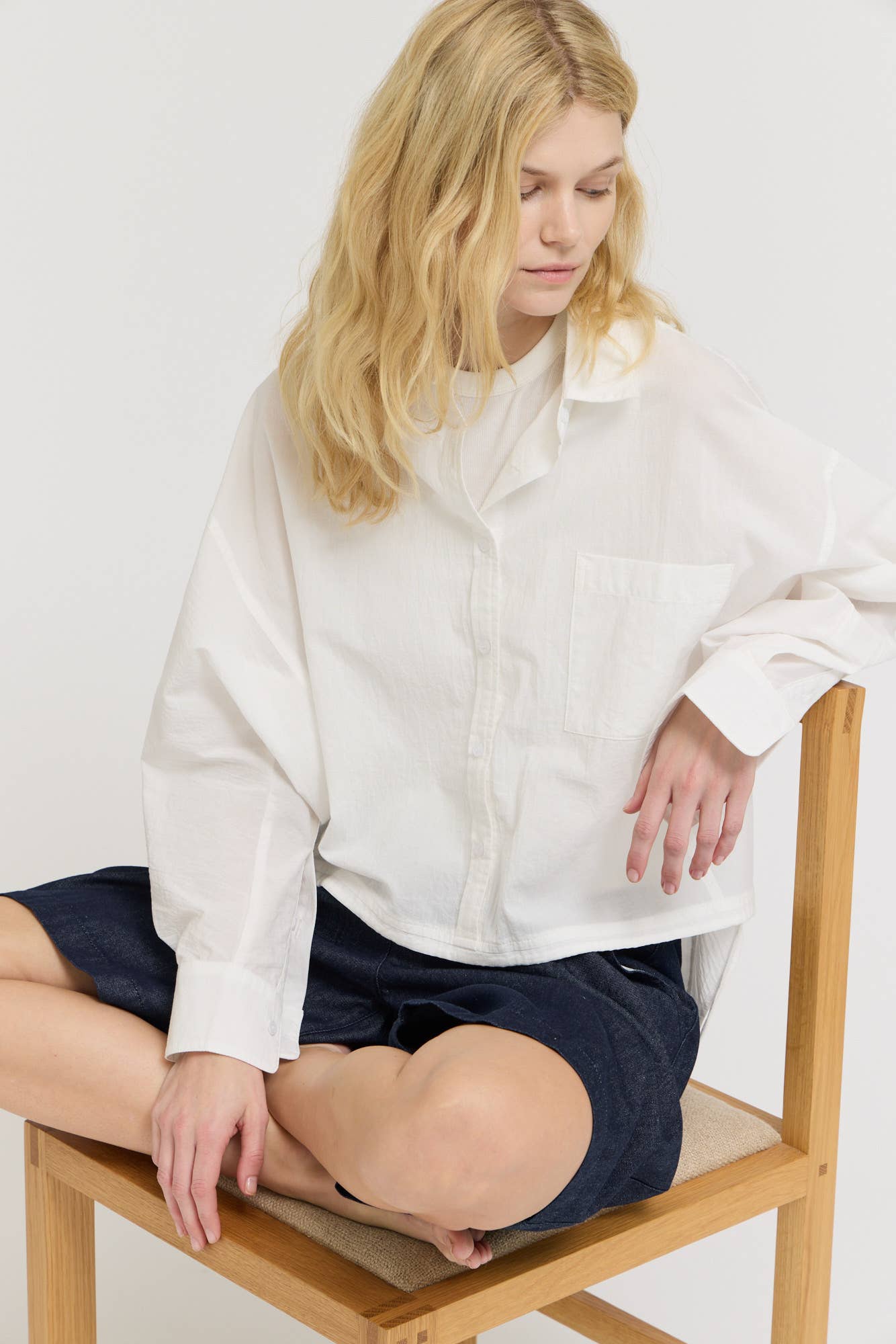 White Drawstring Hem Crinkled Cotton Shirt