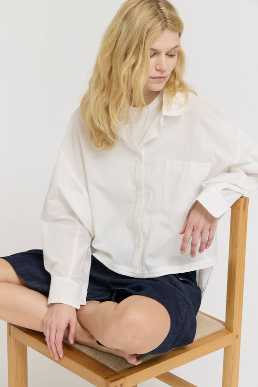White Drawstring Hem Crinkled Cotton Shirt