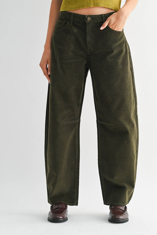 Dark Olive Corduroy Barrel Jean