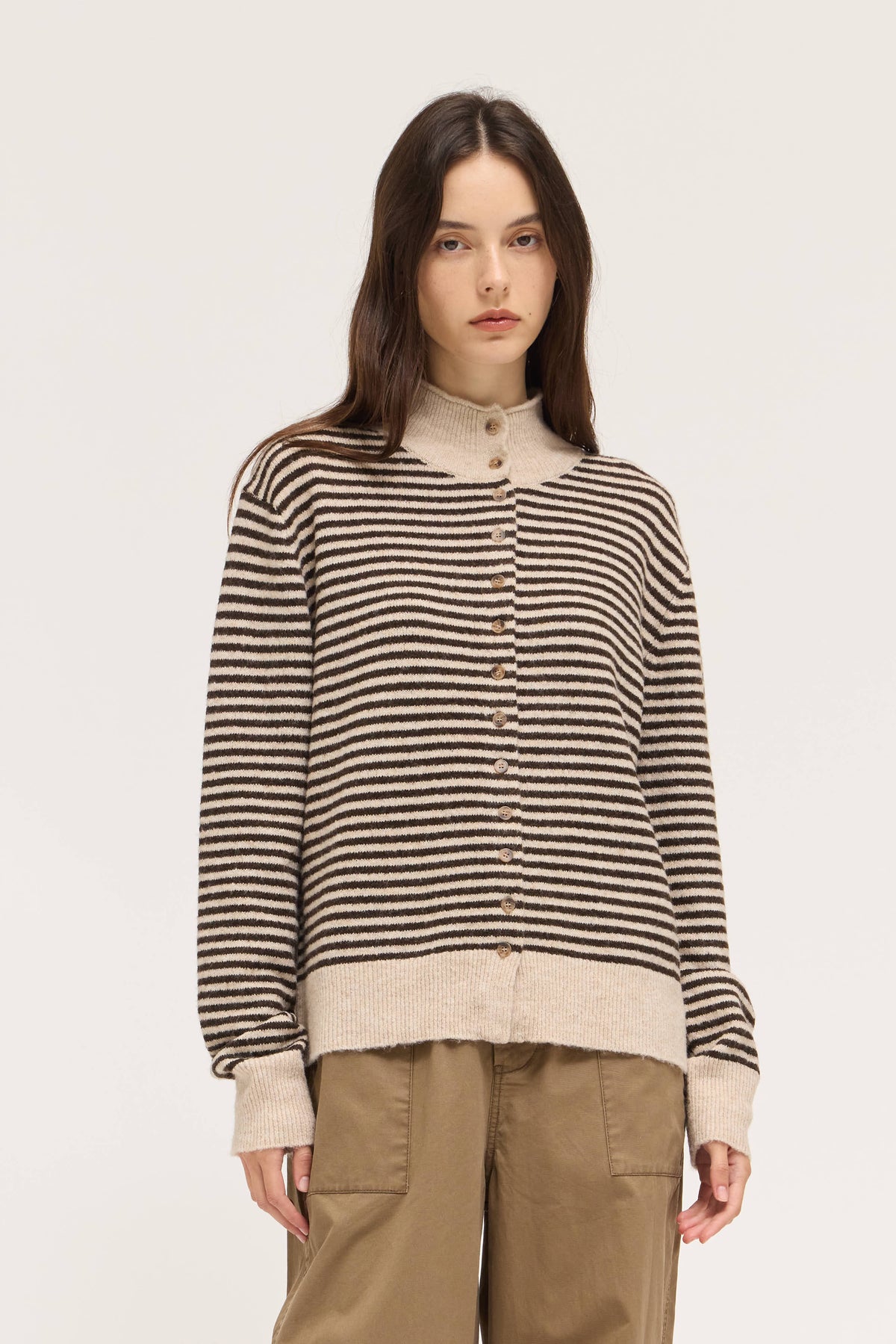 Brown Striped Mock Neck Button Cardigan