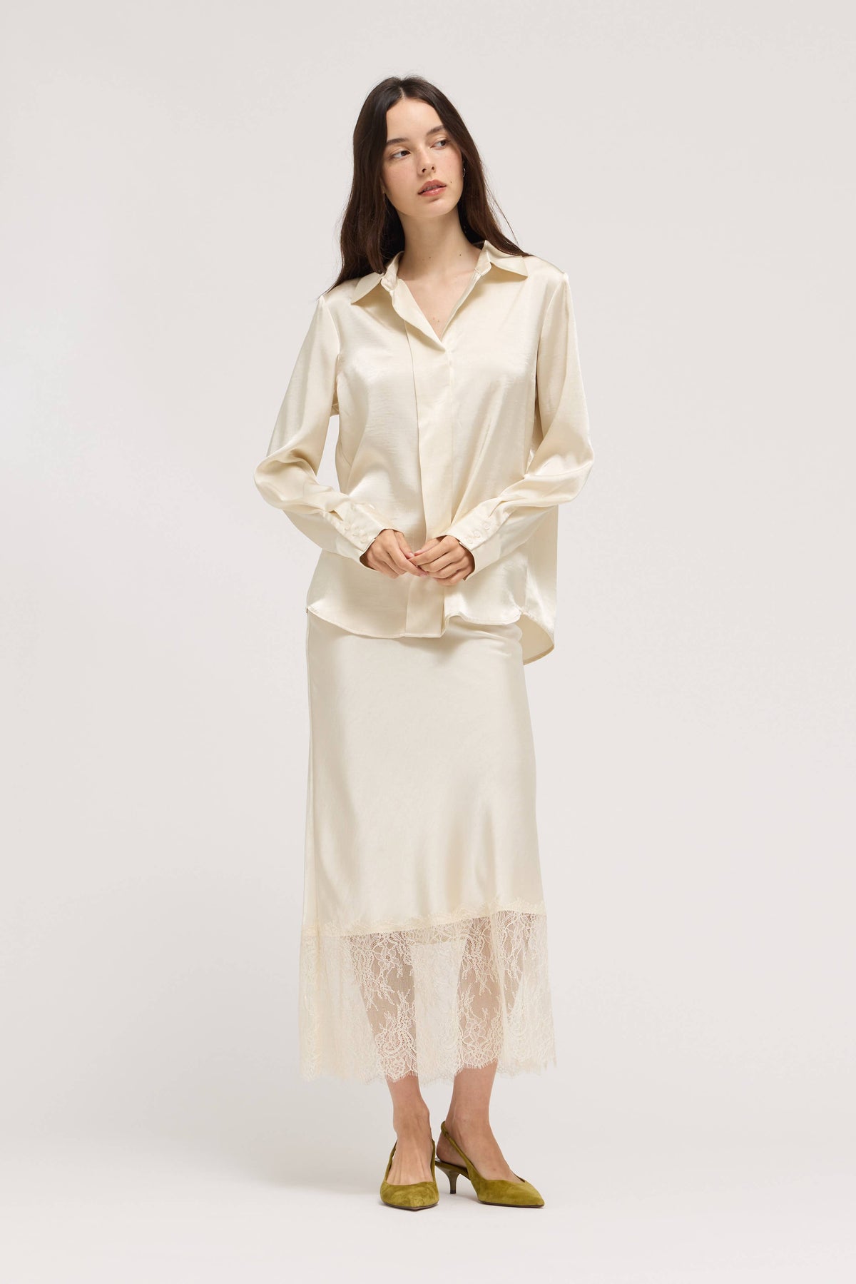 Ivory Satin Button-Down Blouse