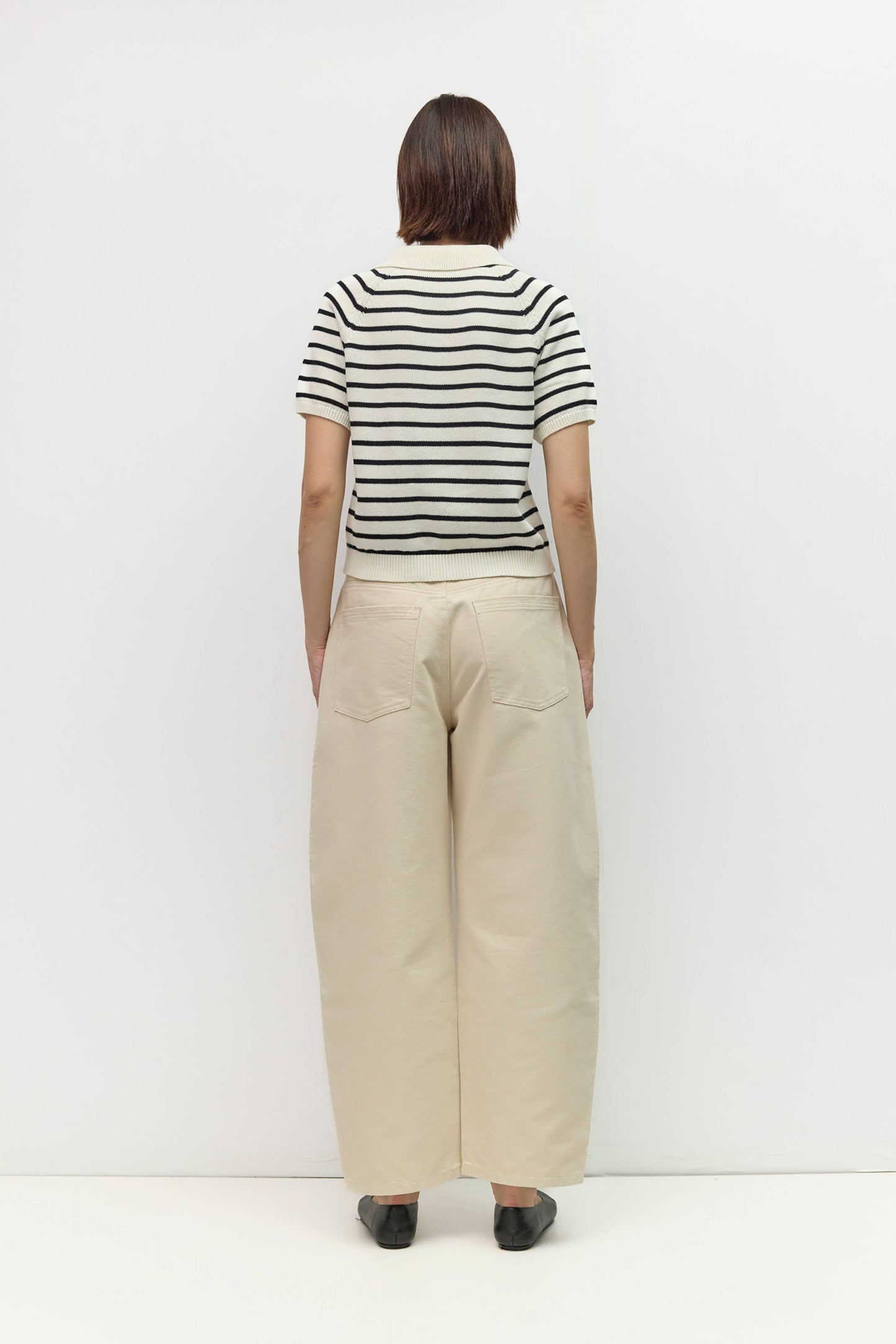 White Black Striped Short Sleeve Knit Collared Top