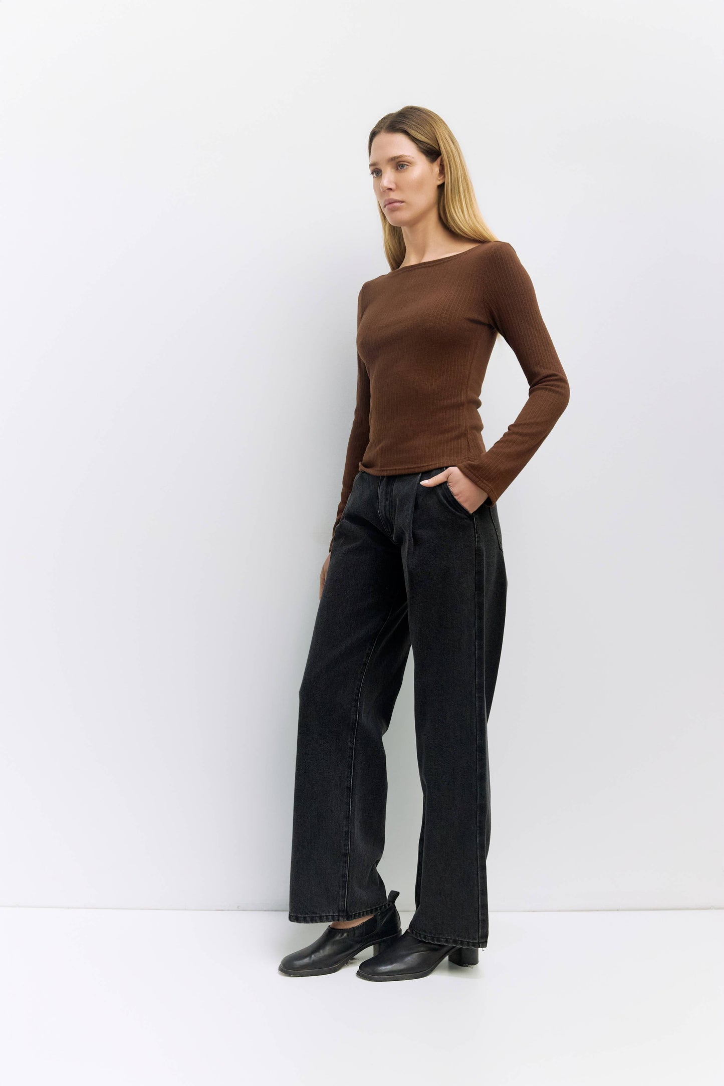 Brown Ribbed Wide Neck Flare Sleeve Top