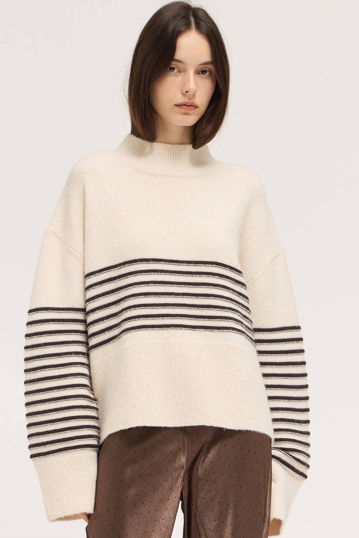 Cream Striped High Neck Sweater