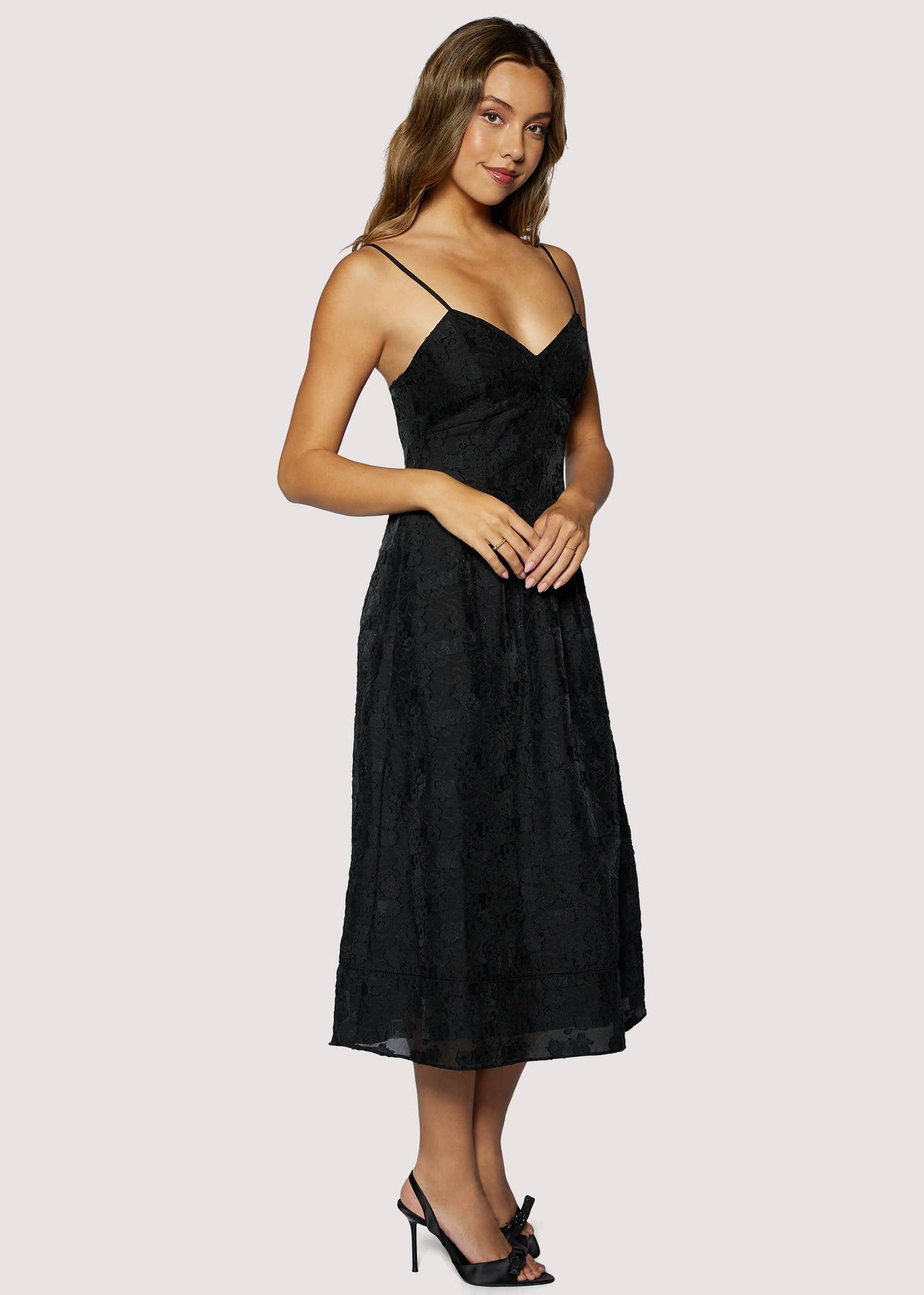 Black Floral Jacquard Organza Midi Dress