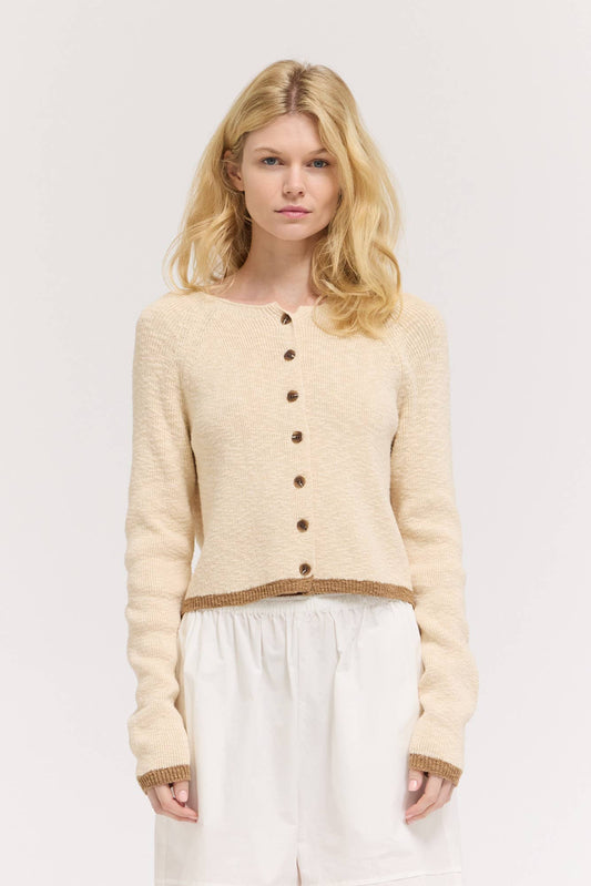 Cream Fitted Knit Cardigan with Contrast Trim