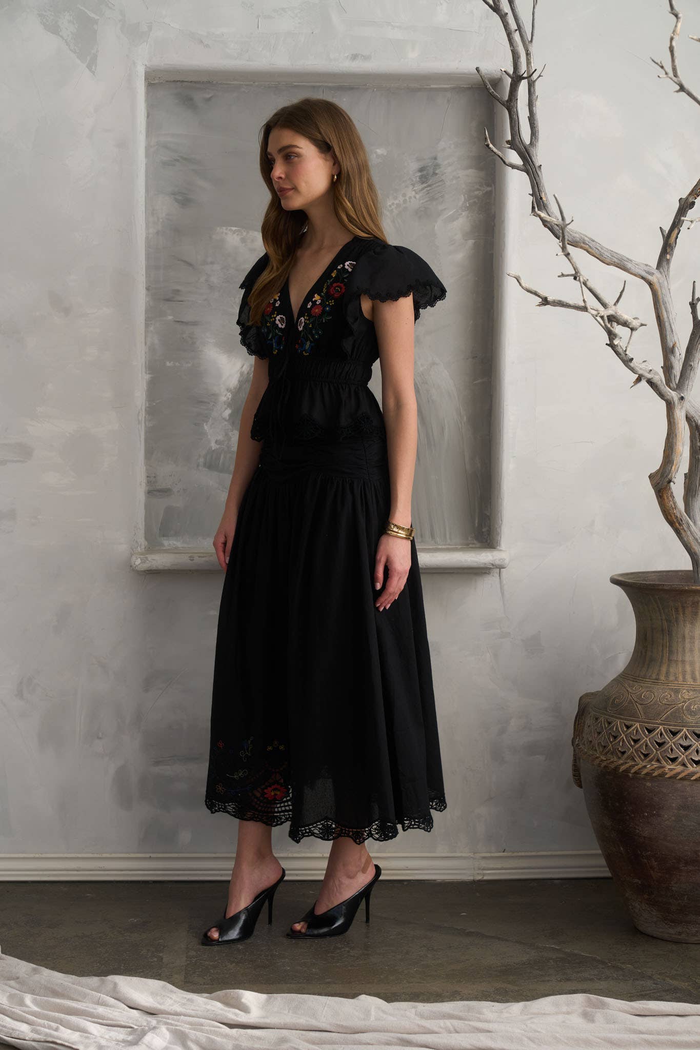 Black Embroidered Ruffle Sleeve Top
