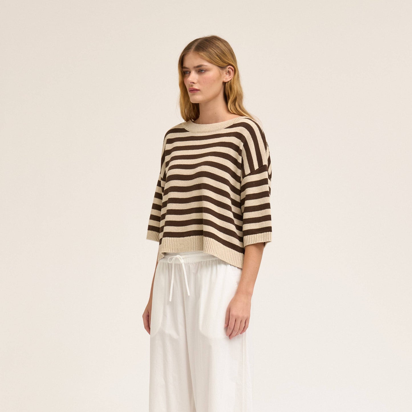 Linen Drop Shoulder Stripe Short Sleeve Knit Top