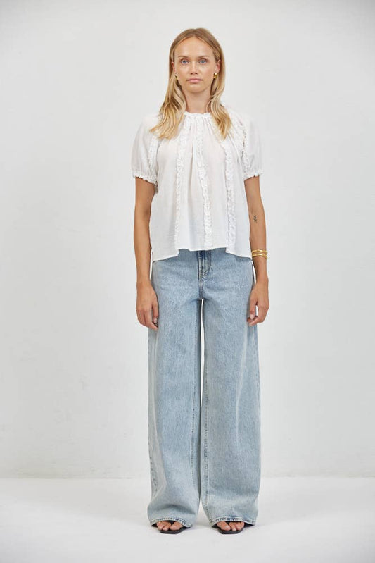 White Woven Cotton Short Sleeve Ruffle Top