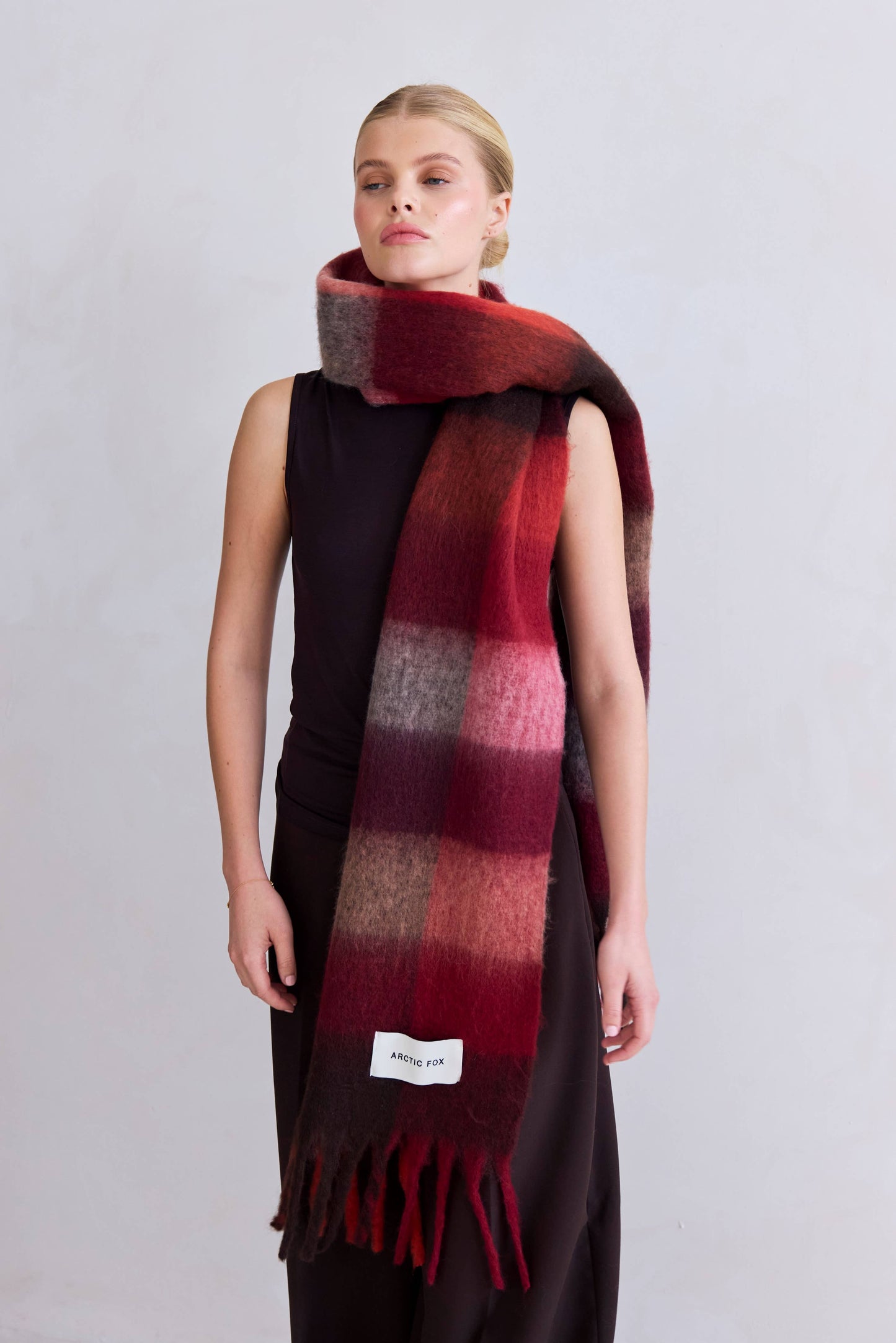 Burgundy Brushed Plaid Oversized Scarf