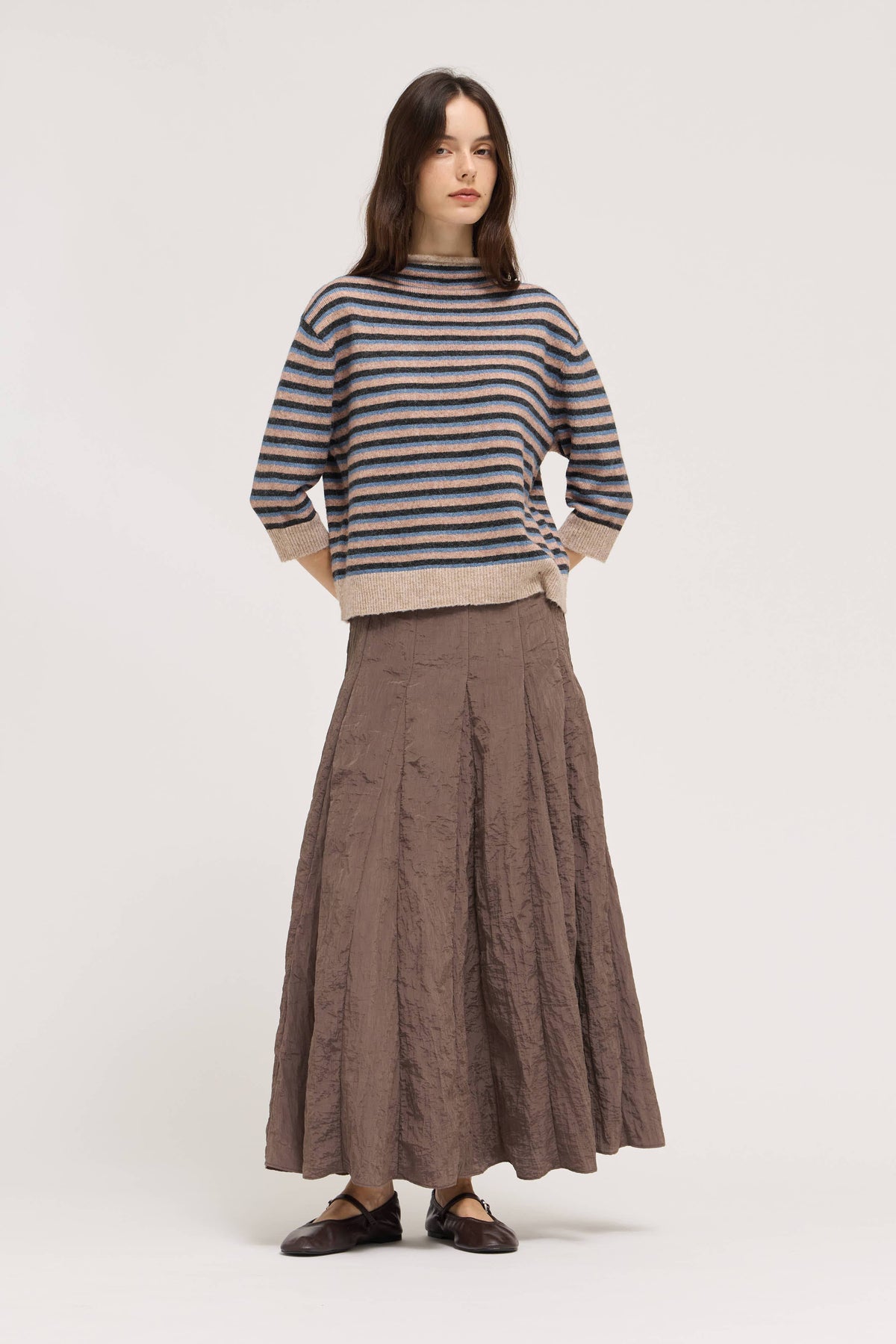 Striped Mock Neck Quarter Sleeve Sweater