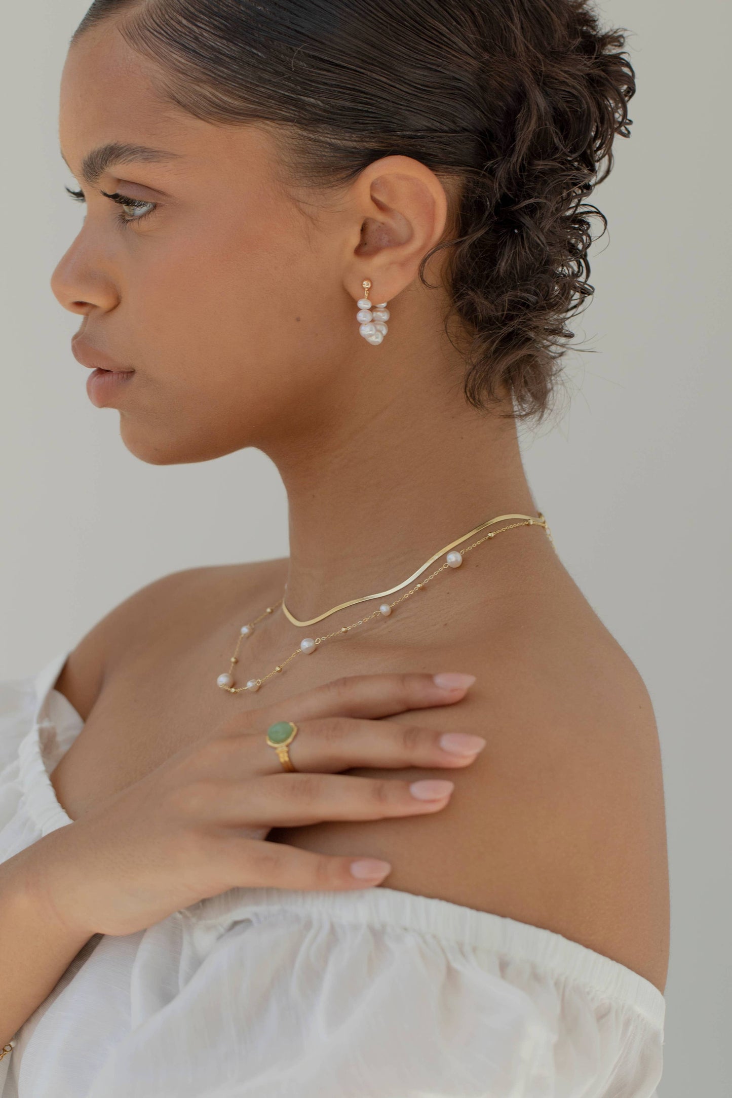 Gold Pearls Links Hooped Earrings