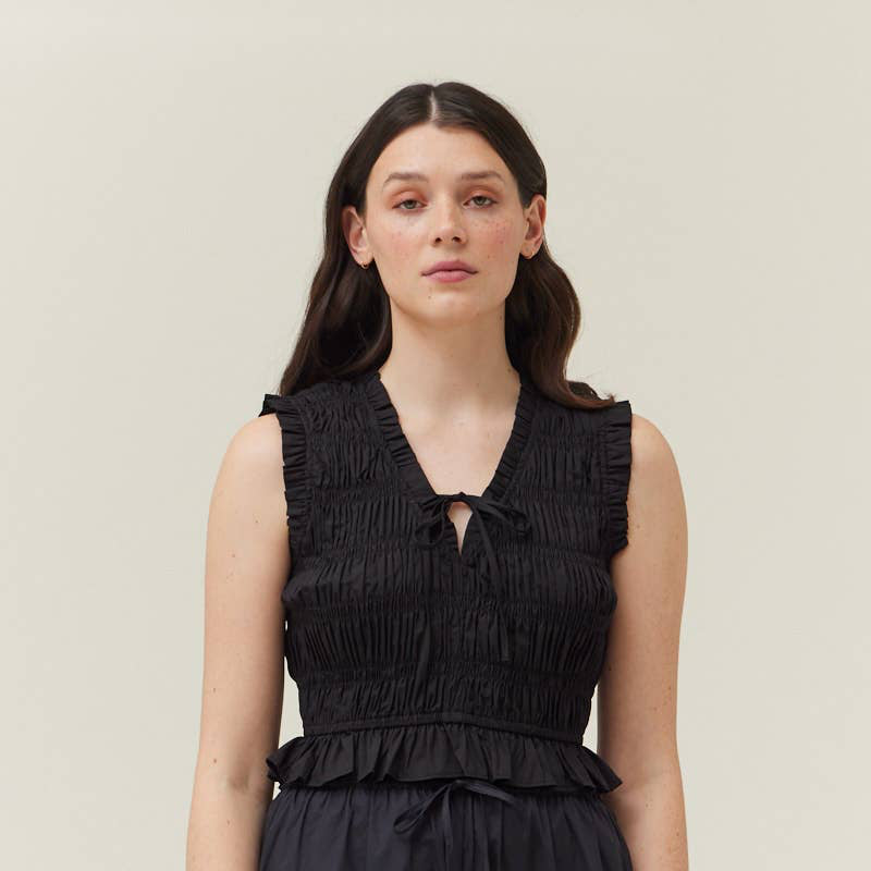 Black Smocked Ruffle Crop Top
