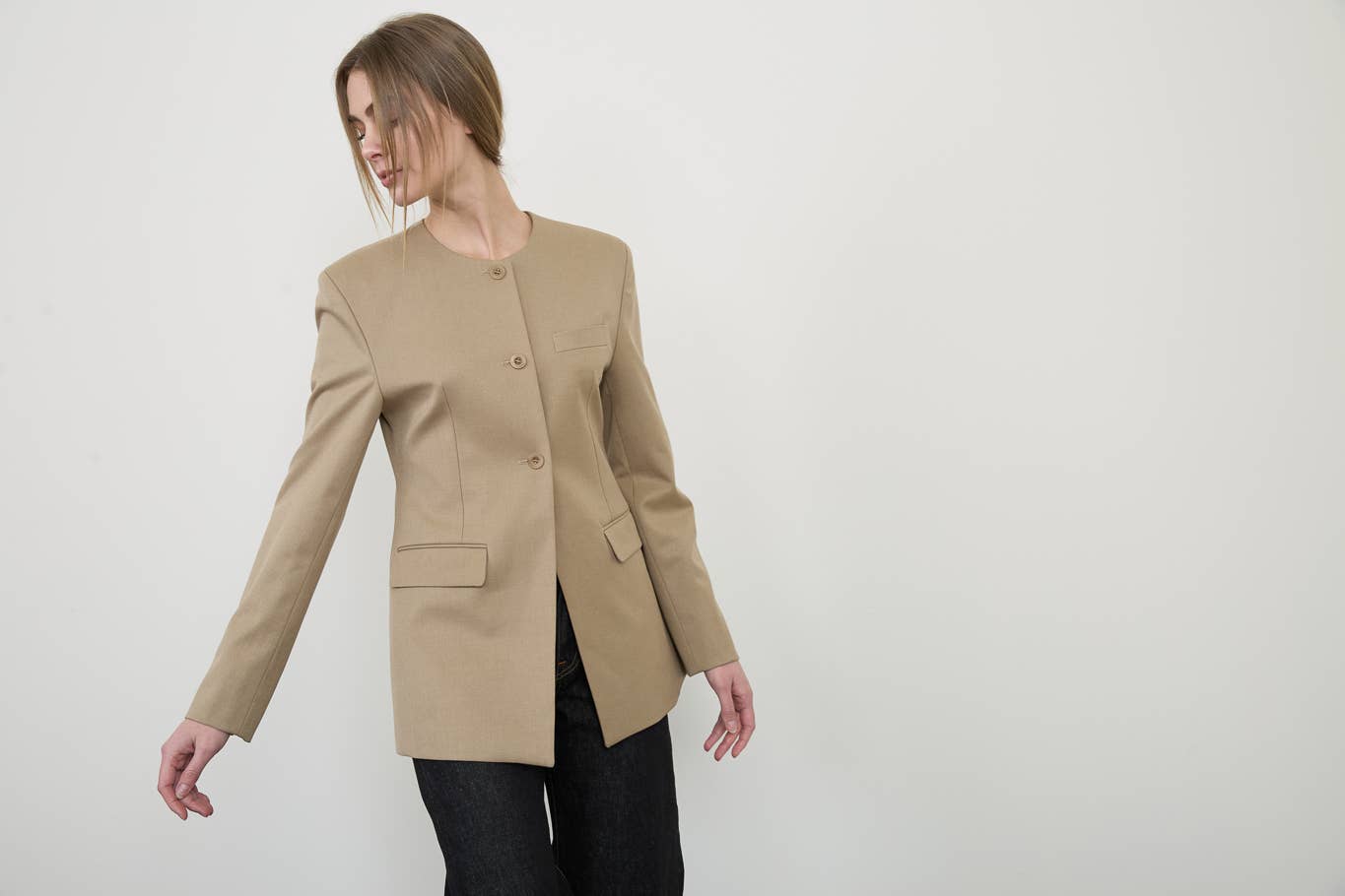 Taupe Collarless Tailored Blazer Jacket
