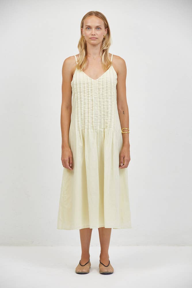 Yellow Linen Pin Tuck V-Neck Midi Dress