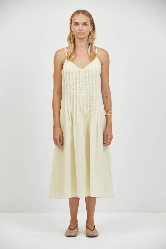 Yellow Linen Pin Tuck V-Neck Midi Dress