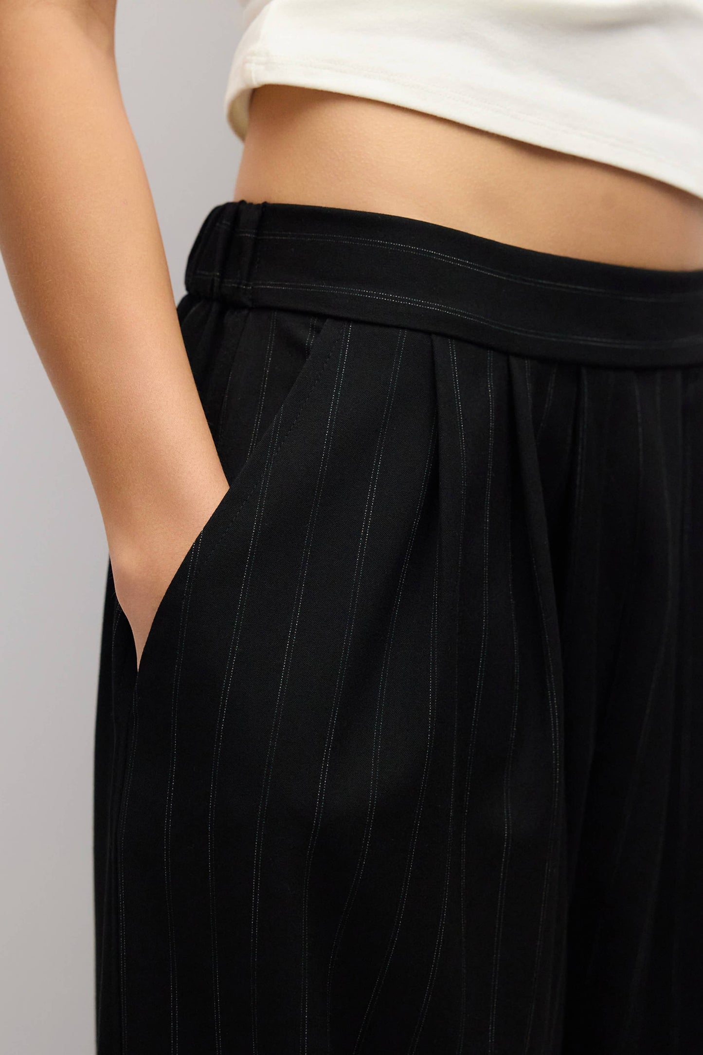 Black Pinstripe Pleated Wide Leg Pants