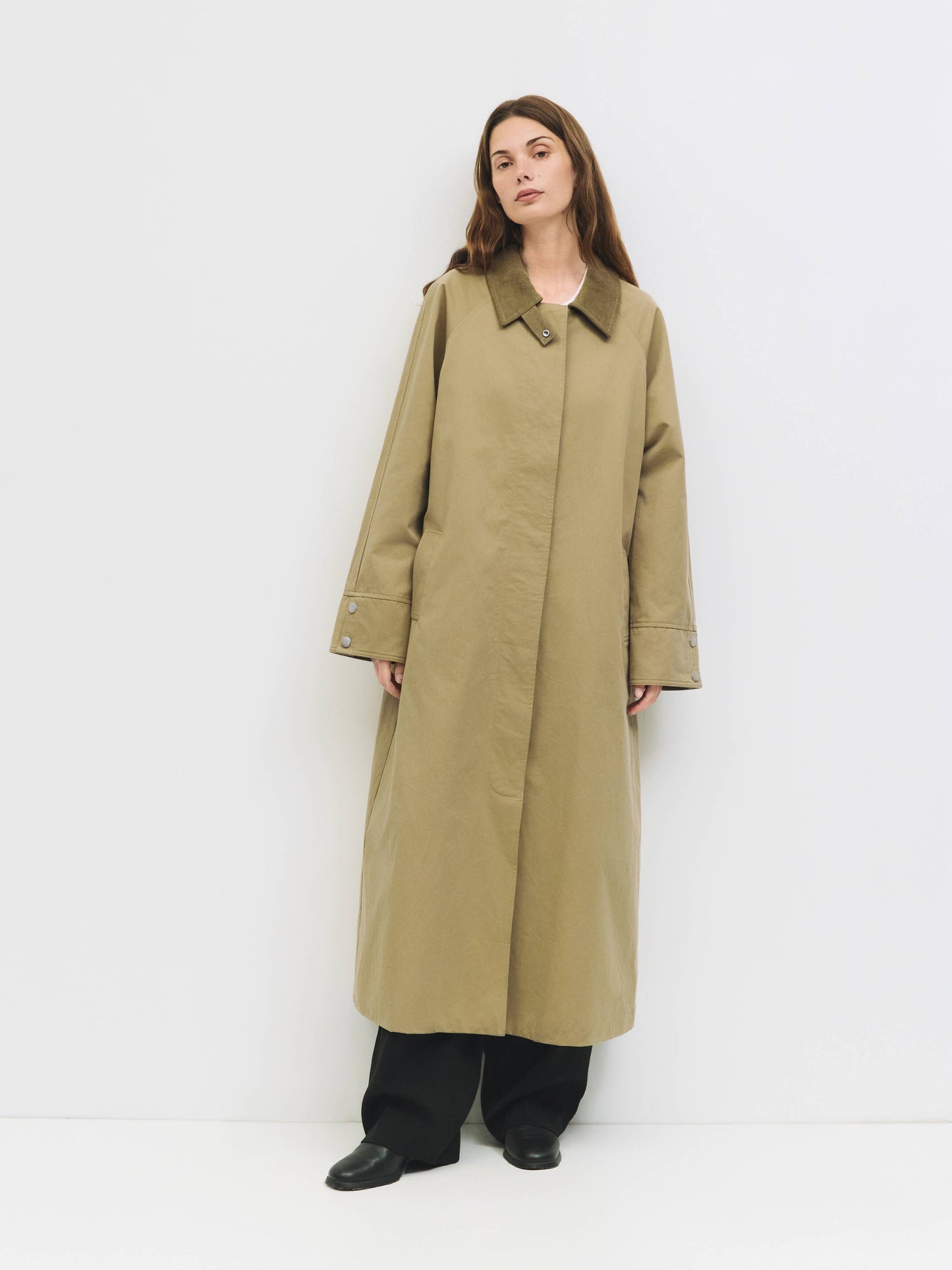 Khaki Corduroy Collared Long Trench Coat