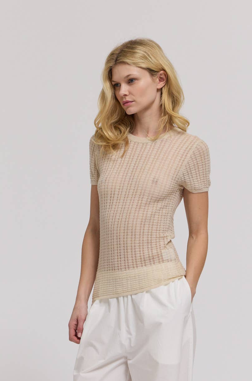 Beige Sheer Pointelle Knit Short Sleeve Top