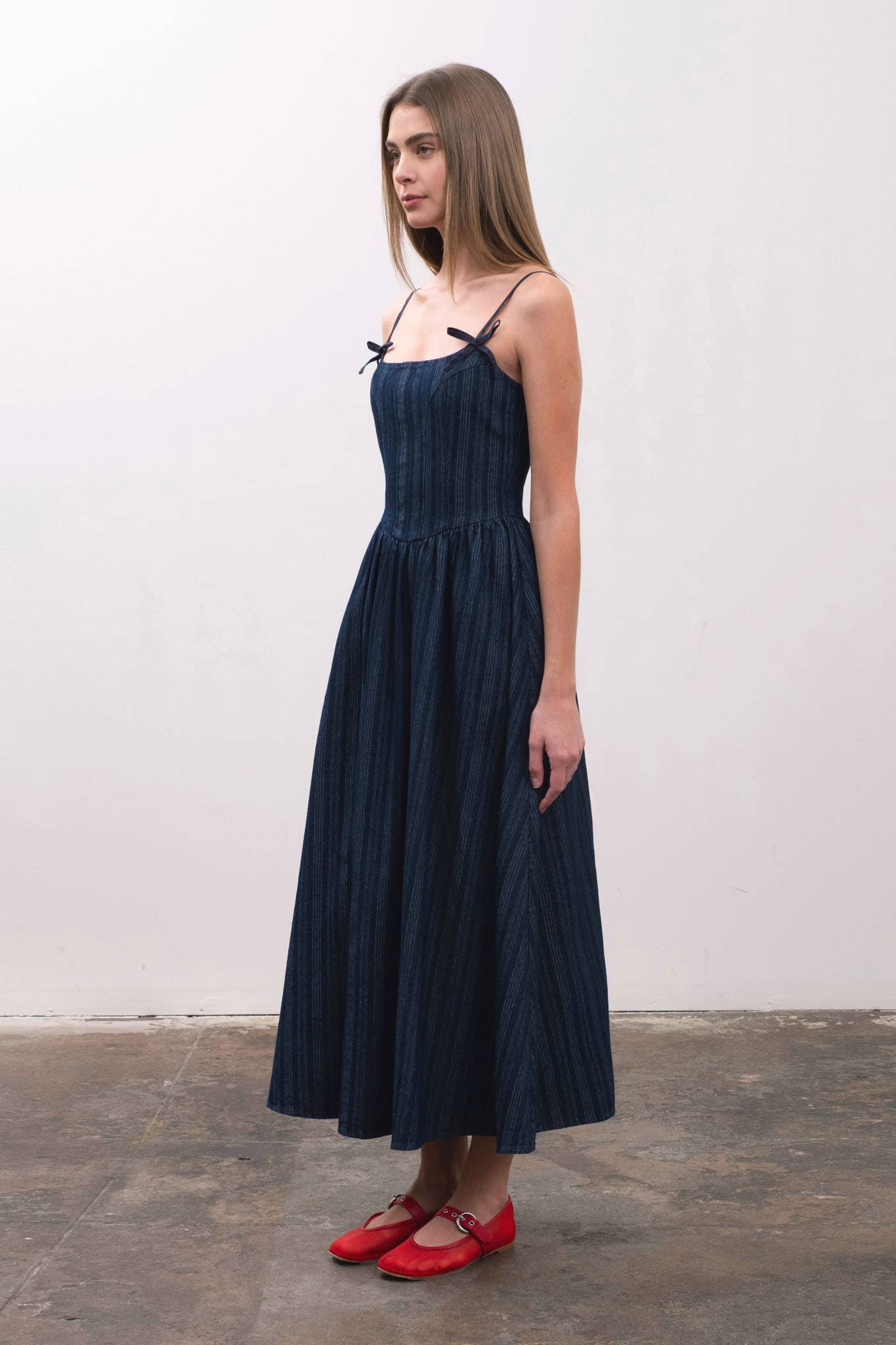 Denim Tonal Stripe Bow Detail Corset Miidi Dress