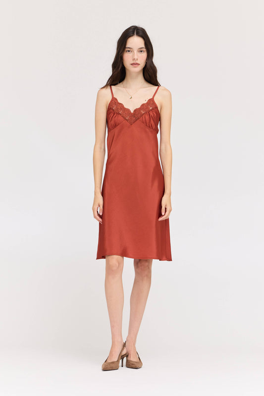 Burnt Orange Lace Trim Satin Slip Dress