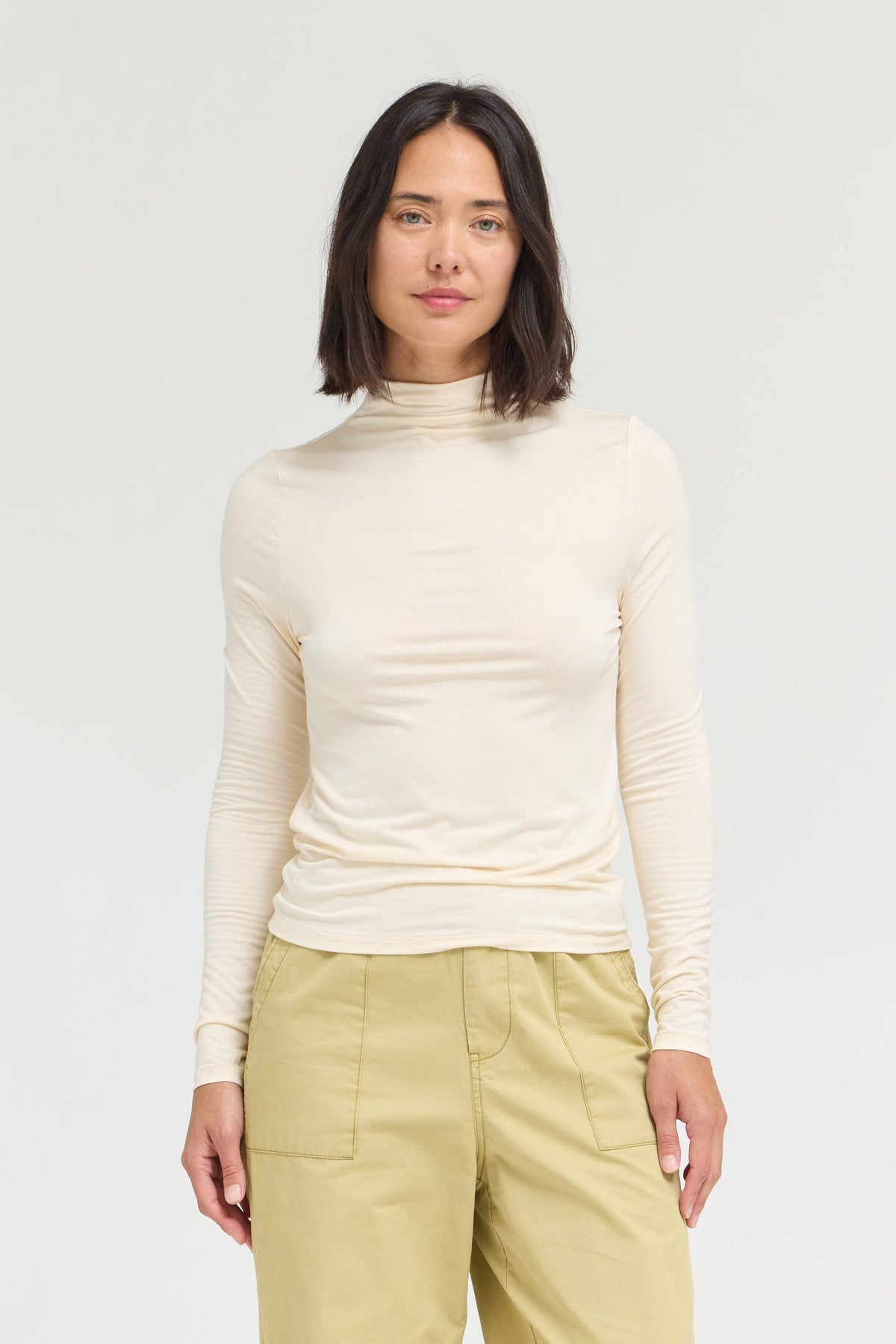 Cream Fitted Modal Turtleneck Top