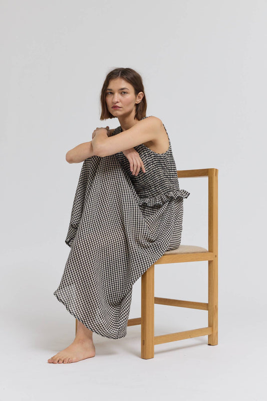 Black Check Sleeveless Peplum Smocked Dress